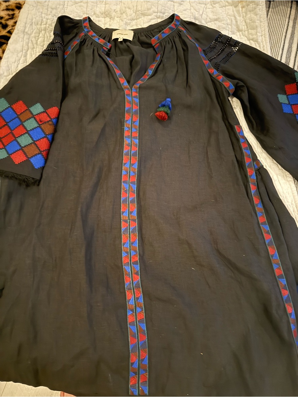 My Sleeping Gypsy Black Linen Embroidered Vyshyvanka Midi Dress Size M